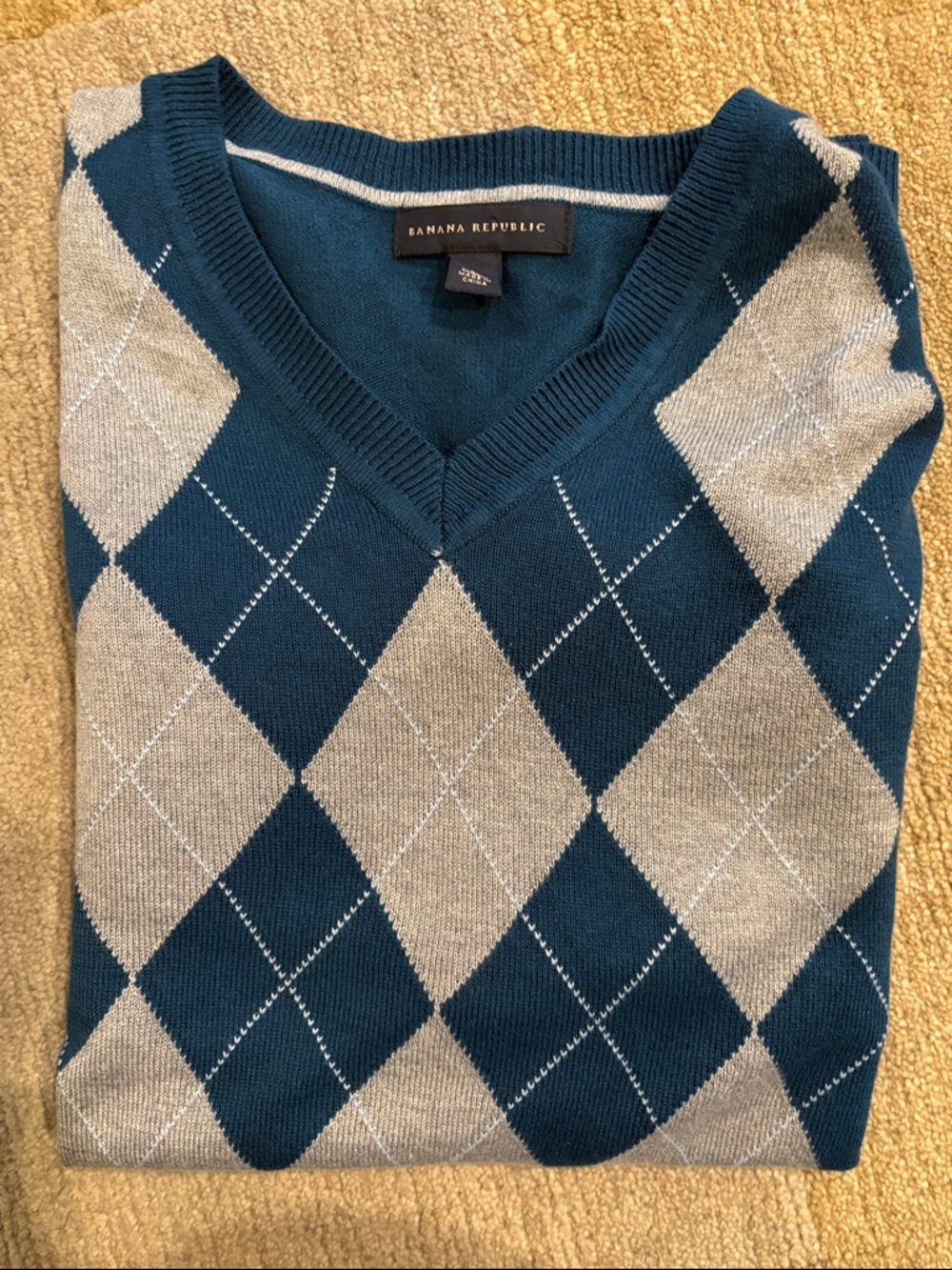 Men's Teal Argyle V-Neck Sweater - Silk Blend